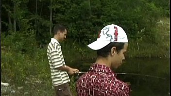 Unlucky young fishermen filmed fucking in forest