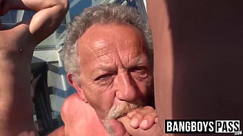 Gay grandpa sucking off young dudes